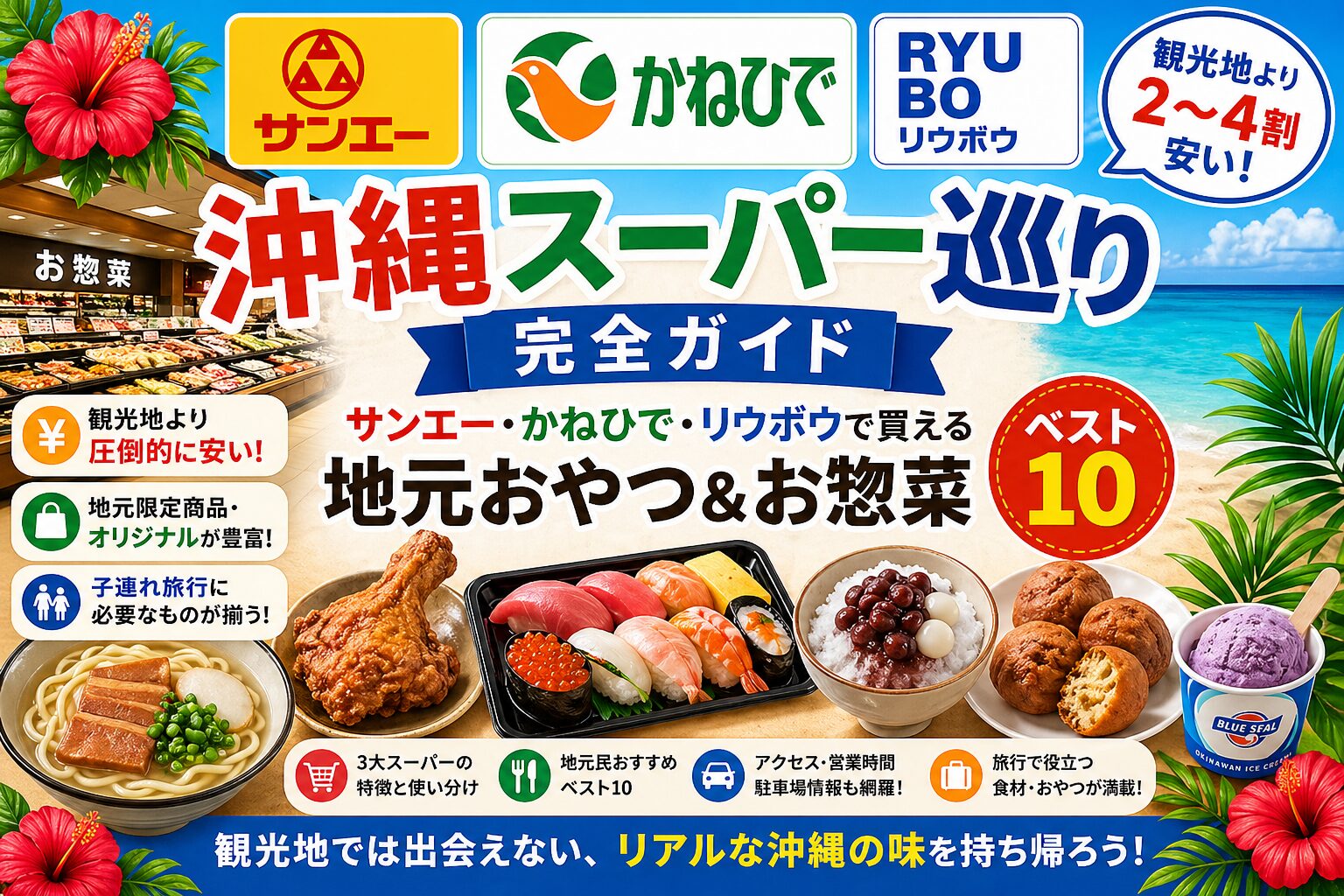 沖縄のスーパー（サンエー・かねひで・リウボウストア）の店内・惣菜コーナーで地元の味を選ぶ様子