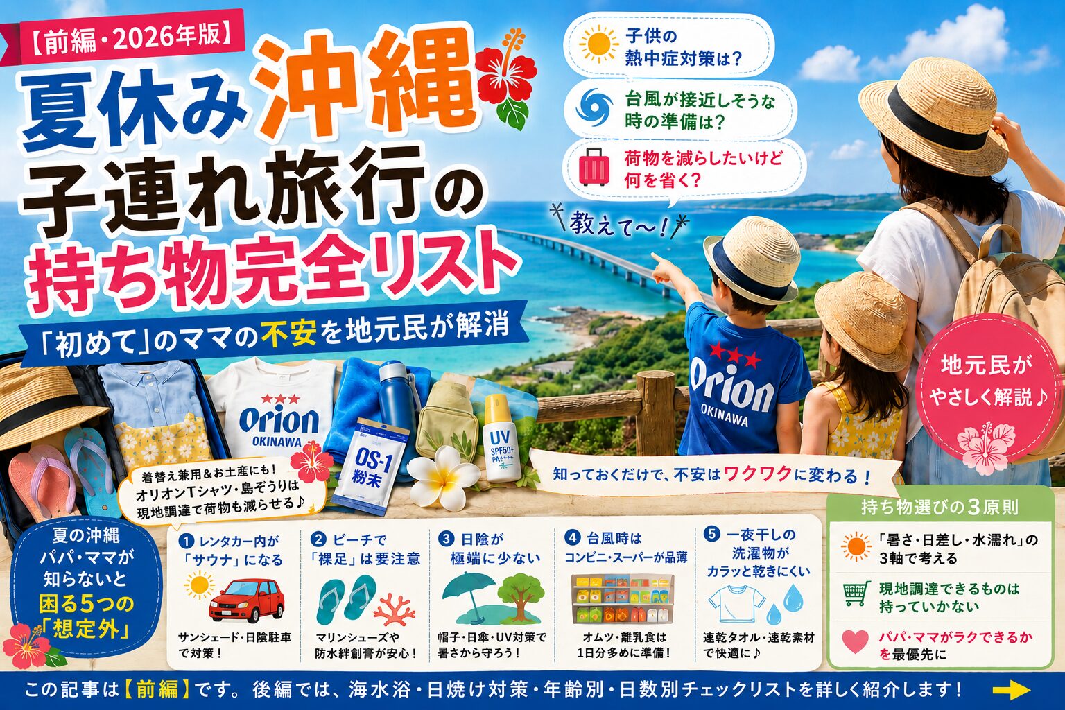 【2026年版】夏休み沖縄子連れ旅行の持ち物完全リスト前編のアイキャッチ。ヤシの木と海をバックに帽子をかぶった子供3人と、オリオンTシャツ・経口補水液OS-1・UVカット帽子などの厳選アイテム、想定外5つ・持ち物選び3原則・現地調達のコツをまとめた解説画像