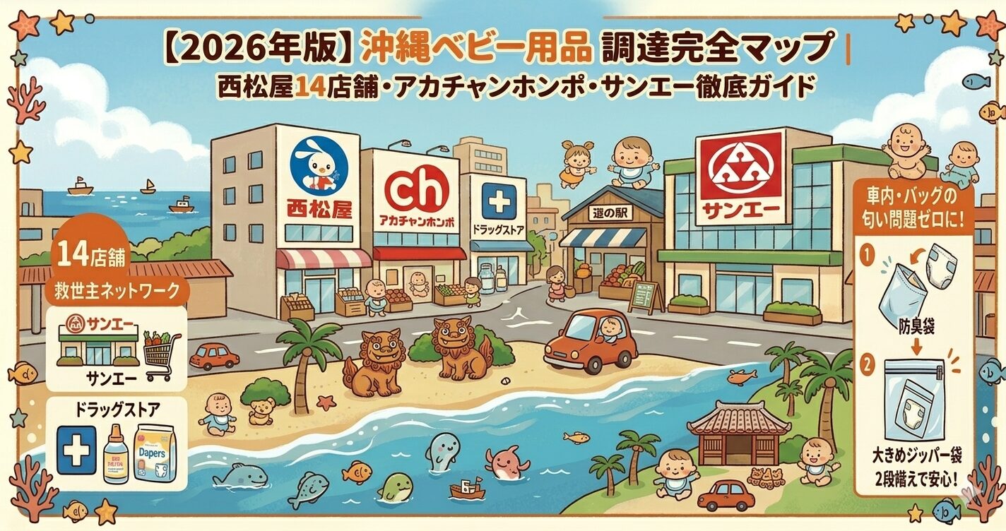 沖縄県内のベビー用品調達スポット（西松屋14店舗・アカチャンホンポ・サンエー大型店・ドラッグストア・道の駅）と、使用済みおむつの防臭袋＋大きめジッパー袋2段構え活用法を、沖縄の街並みイラストでまとめた補給マップビジュアル。