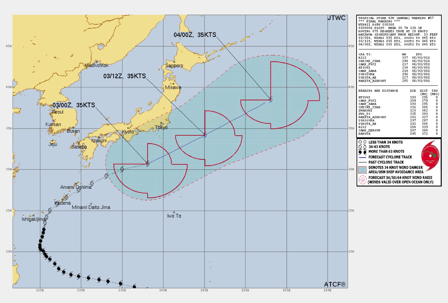 JTWCが発表したTC Warning Graphicの例。2023年台風2号Mawarの予報図で、沖縄・石垣島・奄美大島周辺と未来の予報位置・風速円・UTC時刻が示されている