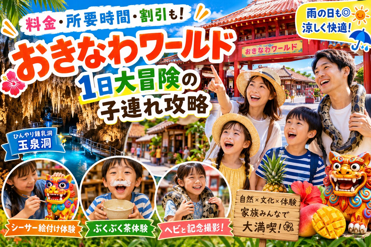 おきなわワールドを子連れで1日大冒険！玉泉洞・シーサー絵付け・ぶくぶく茶体験を家族で楽しむ記事のアイキャッチ画像
