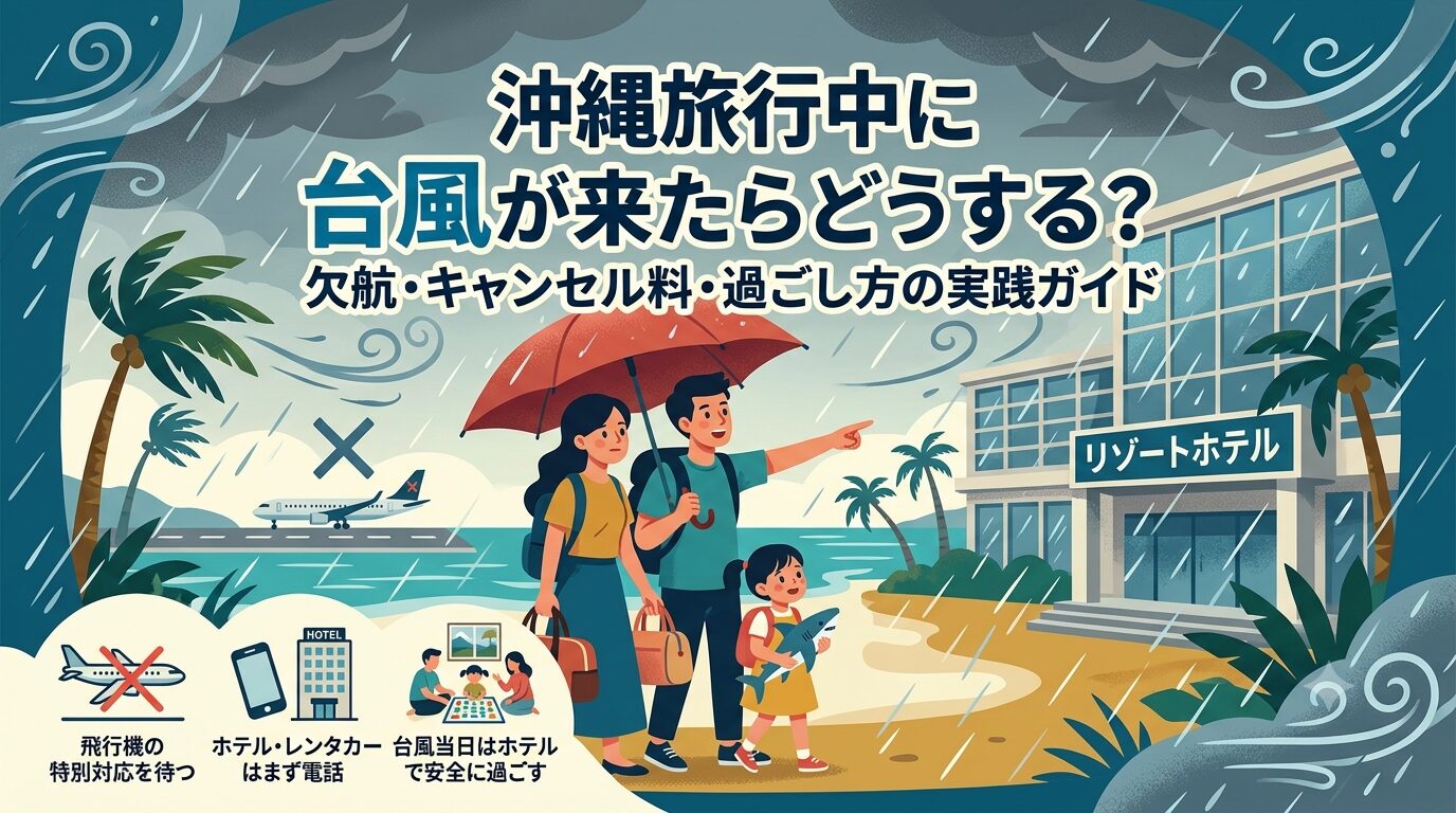 台風の沖縄で傘をさす家族のイラスト。沖縄旅行中に台風が来たらどうする?欠航・キャンセル料・過ごし方の実践ガイドのアイキャッチ