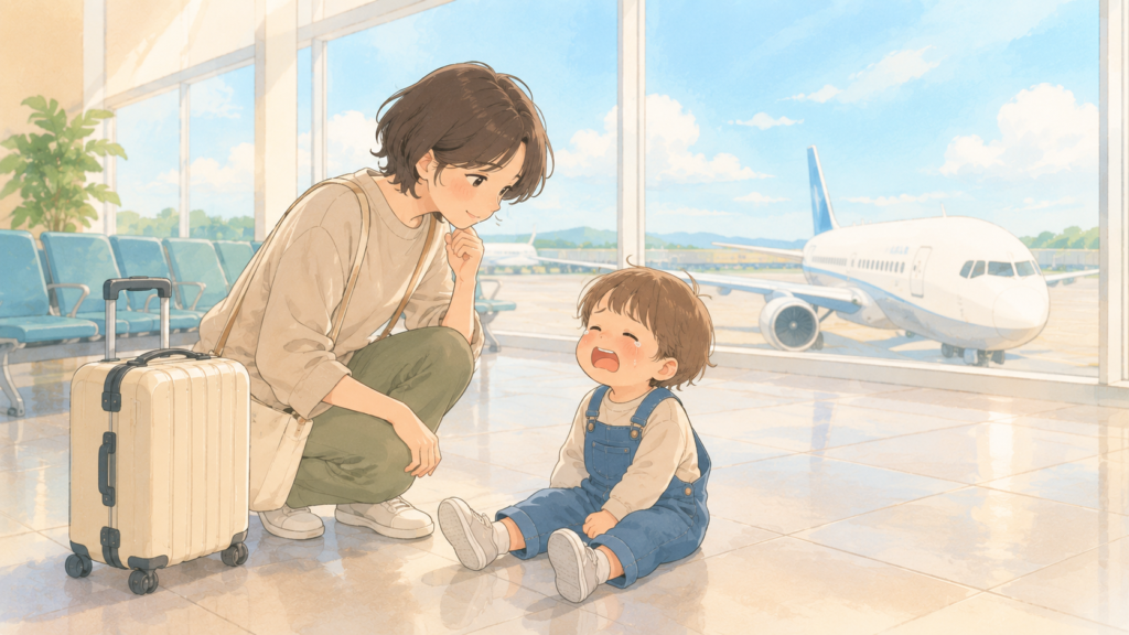 空港の待合スペースで床に座って泣く子どもに、親がしゃがんで目線を合わせて寄り添うイラスト。窓の外に飛行機が見える