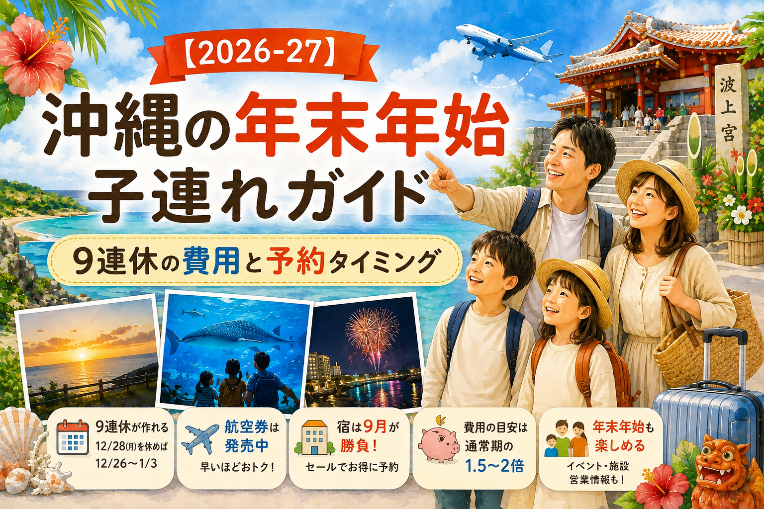 沖縄の年末年始子連れガイド（2026-27）のアイキャッチ。9連休の費用と予約タイミングを紹介する家族旅行のイラスト