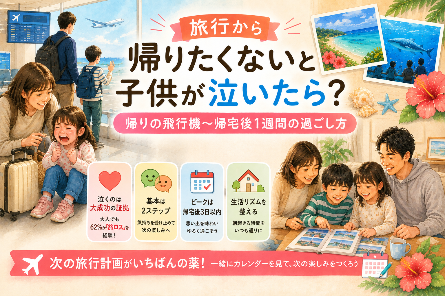 旅行から帰りたくないと子供が泣いたら?のアイキャッチ。空港で泣く子どもと帰宅後にアルバムを見返す家族のイラスト、対応4つのポイント付き