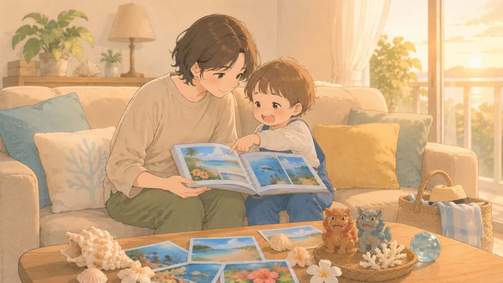 帰宅後のリビングで、親子がソファに並んで旅行のアルバムを笑顔で見返すイラスト。テーブルには貝がらやシーサーの置き物