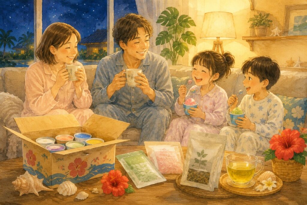 帰宅日の夜、お風呂上がりにカップアイスとハーブティーでくつろぐ家族の水彩イラスト(帰宅日ご褒美便のイメージ)