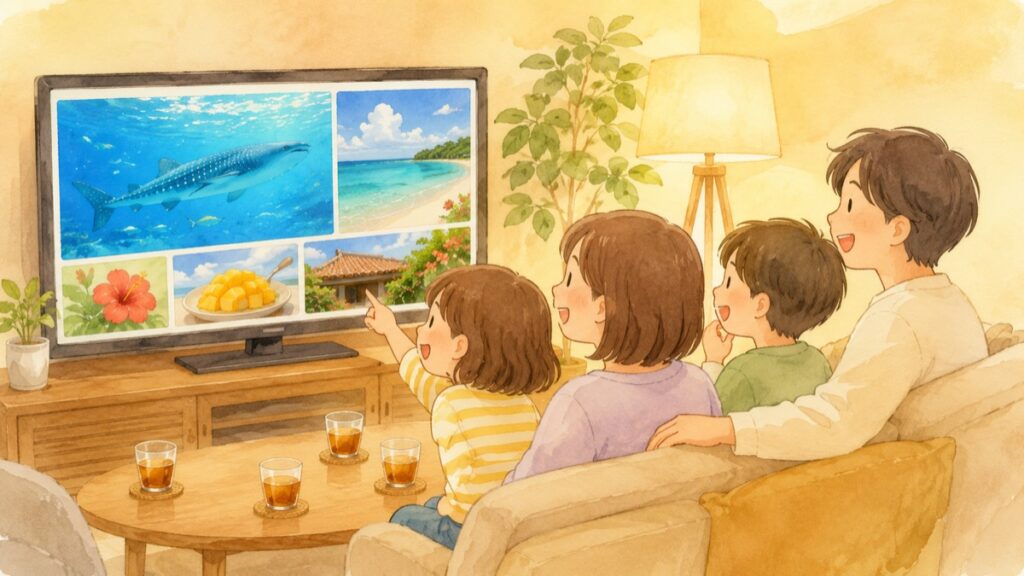夕食後のリビングで、家族がテレビに映した沖縄旅行の写真を楽しそうに見返しているイラスト