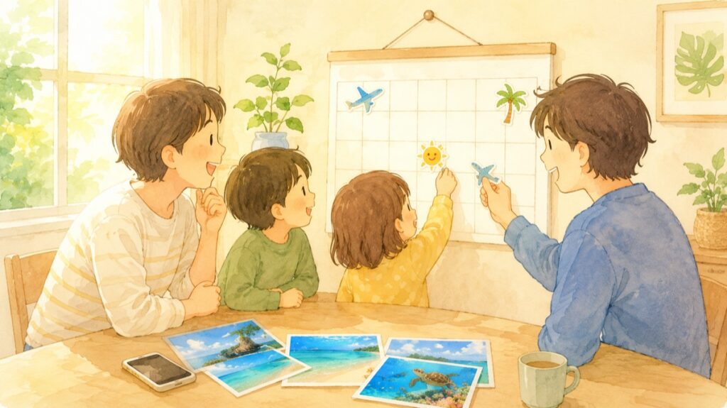 親子がカレンダーに飛行機や太陽の印をつけて、次の沖縄旅行を楽しみに計画しているイラスト