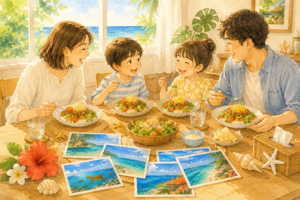 週末の昼、旅行の写真を眺めながらタコライスを囲む家族の水彩イラスト(思い出ごはんのイメージ)