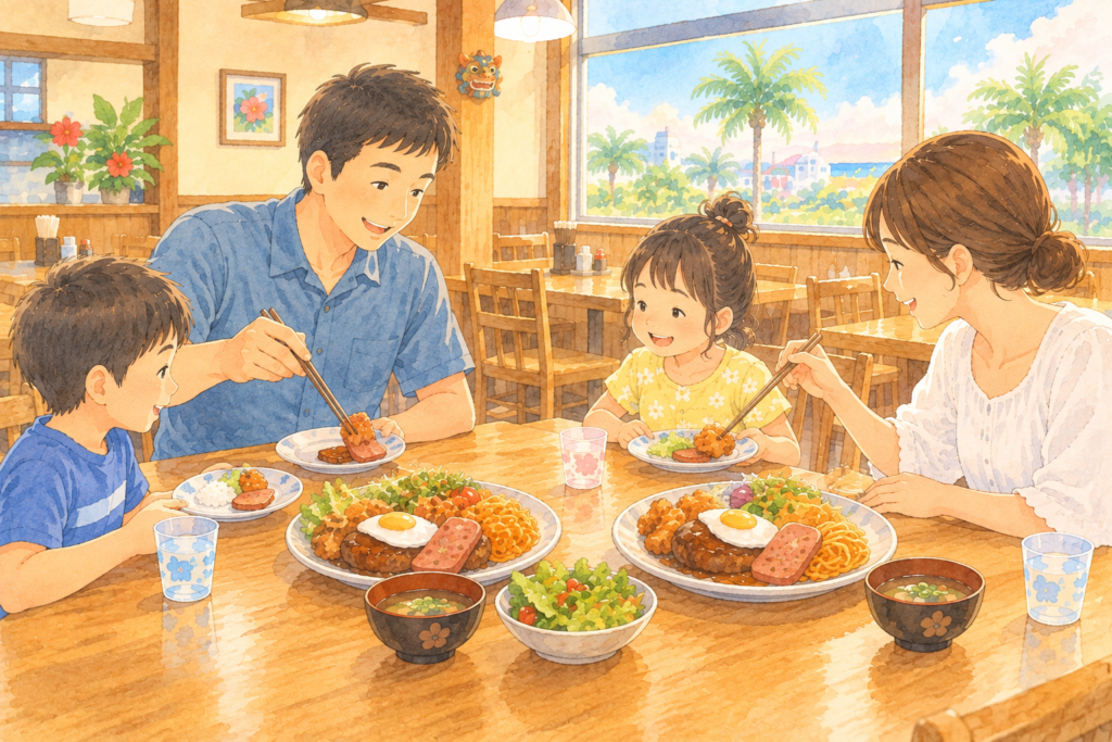 沖縄の食堂で、ワンプレートの定食を子どもの小皿に取り分けている家族のイラスト