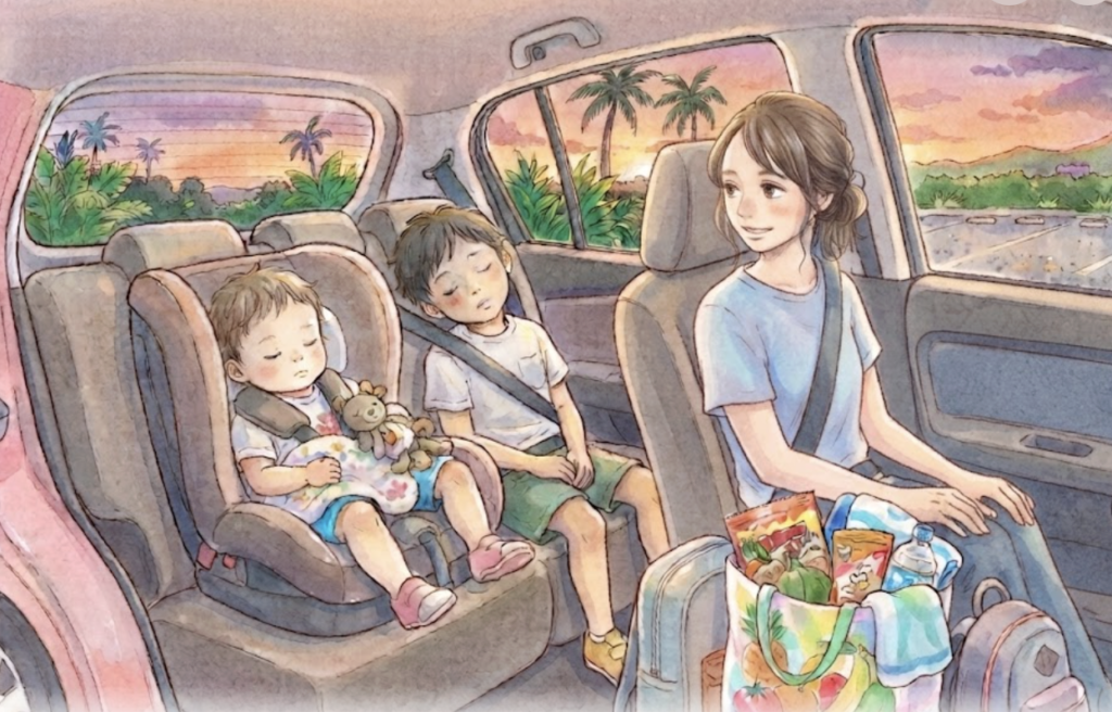 夕暮れのレンタカーの後部座席で眠ってしまった子どもたちと、買い物袋を持つ家族のイラスト