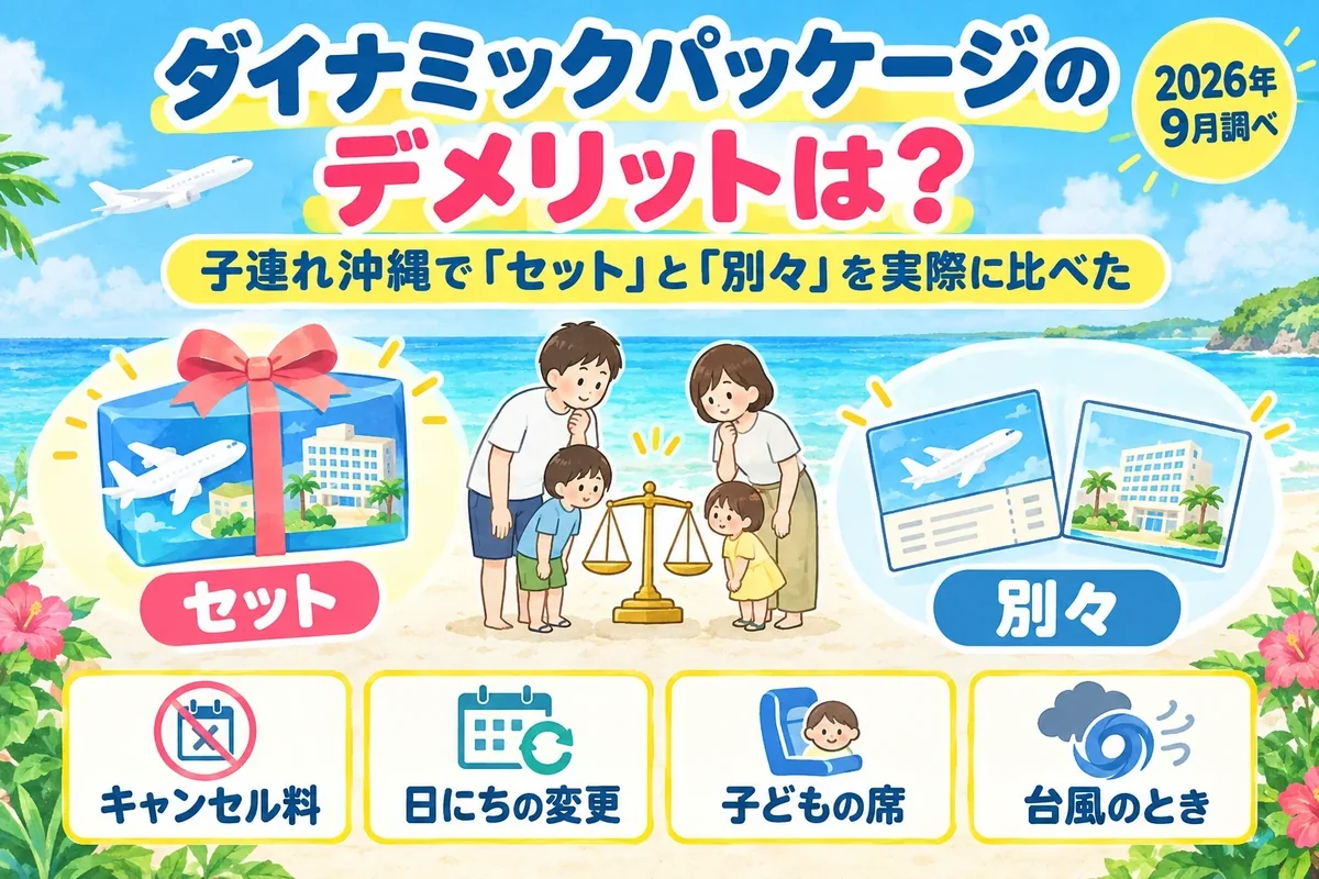 ダイナミックパッケージのデメリットを子連れ沖縄でセットと別々に分けて比べた記事のアイキャッチ