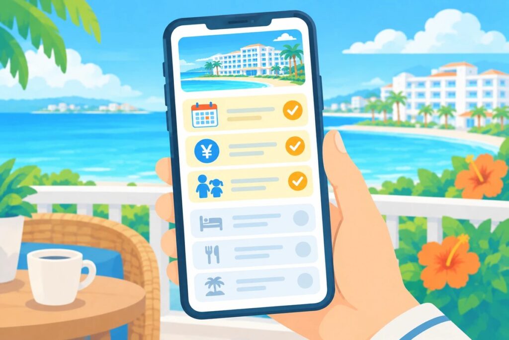 海辺でスマホを持つ手。宿の予約画面で、カレンダー・金額・子どものアイコンの3か所だけにチェックが入っているイラスト