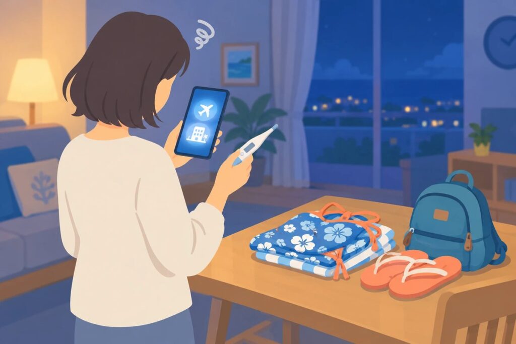 夜の部屋で、体温計とスマホを手に旅行を取り消すか迷っている大人のイラスト。机には水着とサンダル