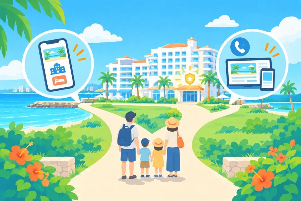 海辺のホテルに向かう道が、予約サイト経由と公式サイト・電話予約の2本に分かれ、公式の側だけ免除の盾マークが光るイラスト。手前に家族の後ろ姿