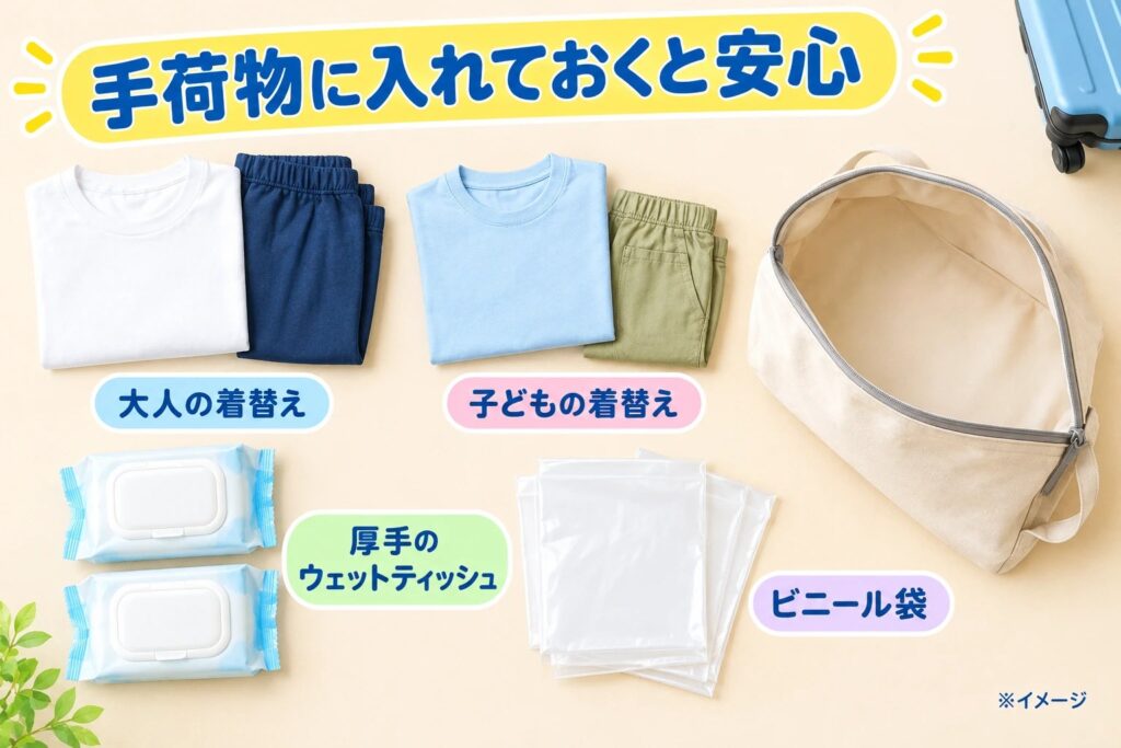 手荷物に入れておく大人と子どもの着替え、厚手のウェットティッシュ、ビニール袋を並べたイラスト