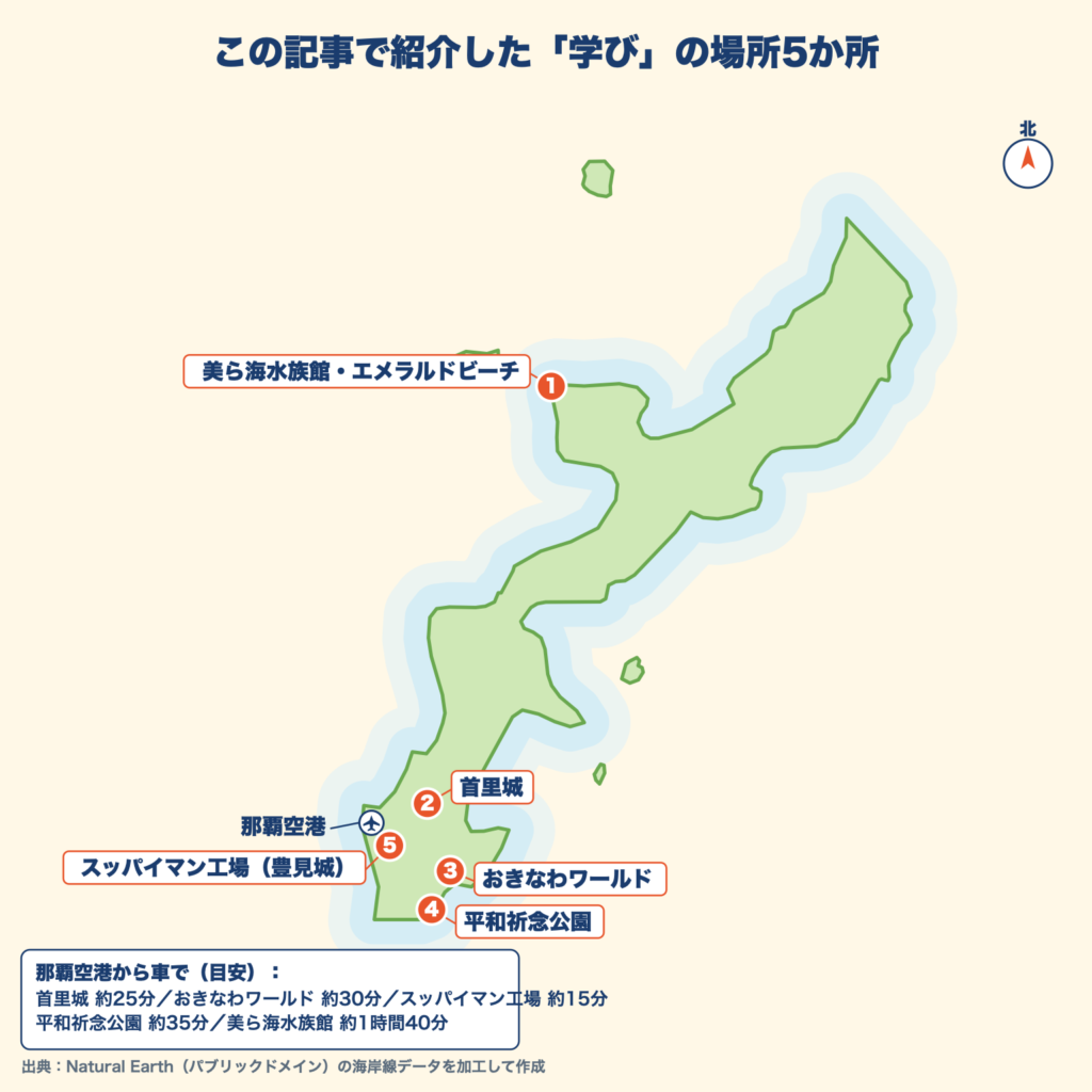 ラーケーションで学べる沖縄本島の施設5か所の地図（美ら海水族館・首里城・おきなわワールド・平和祈念公園・スッパイマン工場）と那覇空港からの車の時間