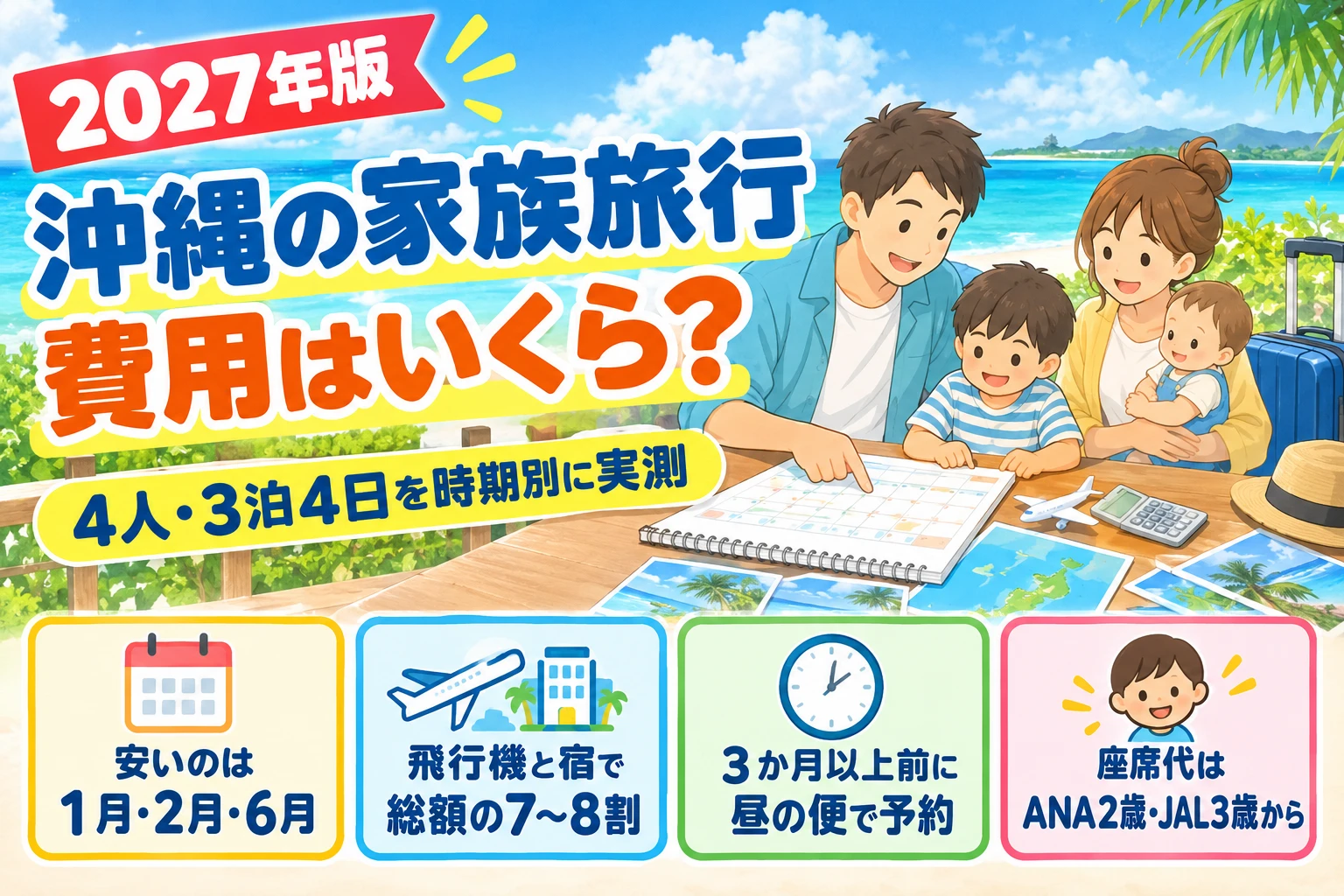 沖縄の家族旅行の費用はいくら？4人・3泊4日を時期別に実測（2027年版）。安いのは1月・2月・6月、飛行機と宿で総額の7〜8割、3か月以上前に昼の便で予約、座席代はANA2歳・JAL3歳から