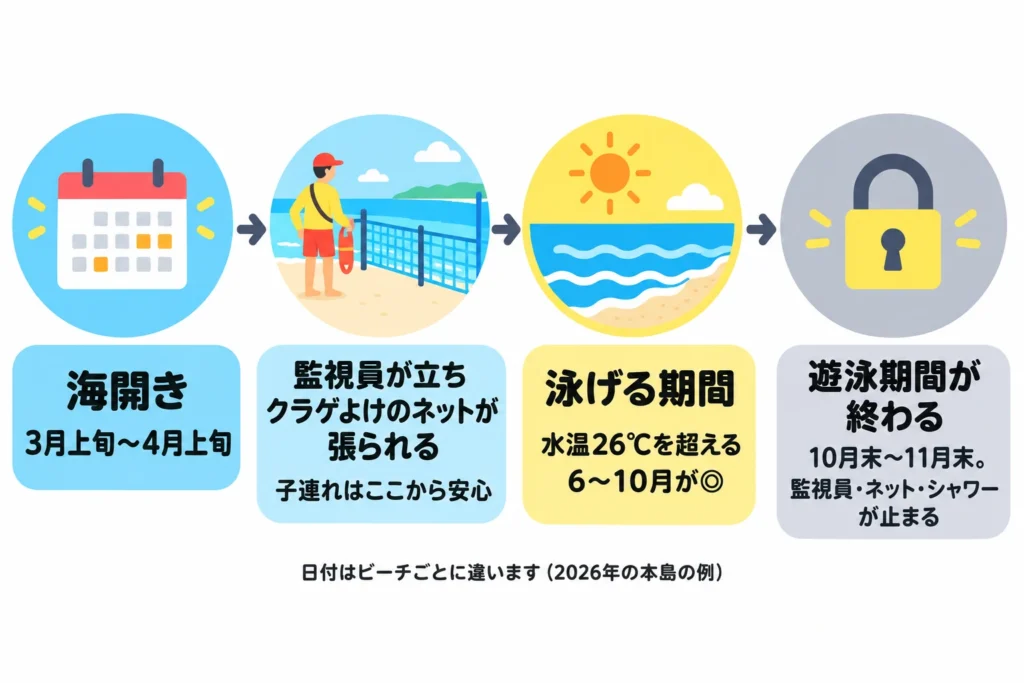 海開きから遊泳期間の終わりまでの流れ（海開き→監視員とネット→泳げる期間→遊泳終了）